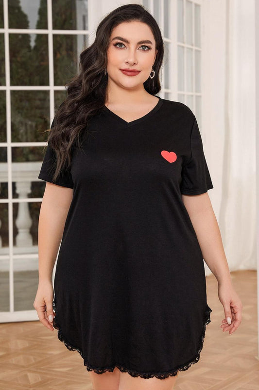 Plus Size Lace Trim V-Neck Short Sleeve Night Dress - Flyclothing LLC