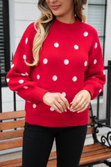 Polka Dot Round Neck Dropped Shoulder Sweater - Flyclothing LLC