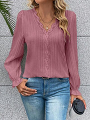 V-Neck Lace Detail Flounce Sleeve Blouse - Trendsi