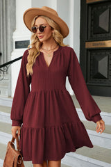 Notched Neck Long Sleeve Mini Dress - Flyclothing LLC