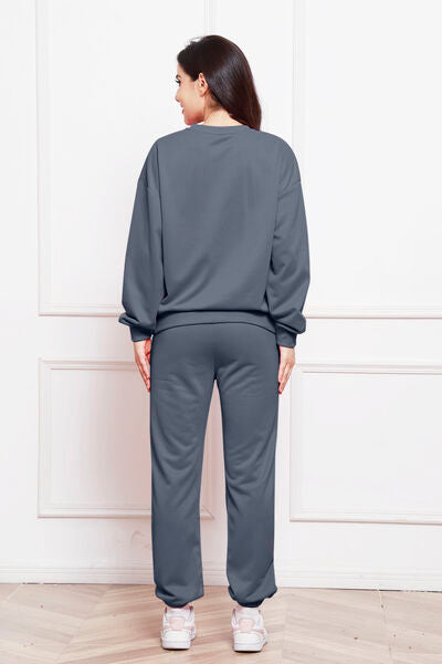 Round Neck Long Sleeve Sweatshirt and Pants Set - Flyclothing LLC