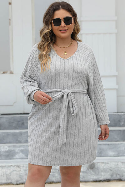 Plus Size Ribbed Tie Front Long Sleeve Sweater Dress - Flyclothing LLC