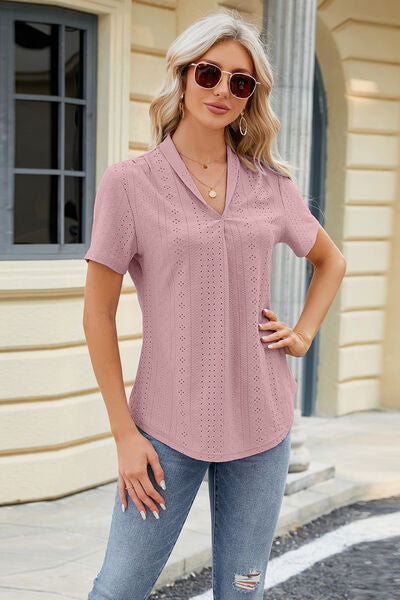 Eyelet Short Sleeve Blouse - Flyclothing LLC