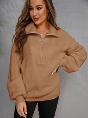 Half Zip Dropped Shoulder Sweater - Flyclothing LLC