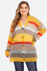 Plus Openwork Color Block Button Up Cardigan - Flyclothing LLC