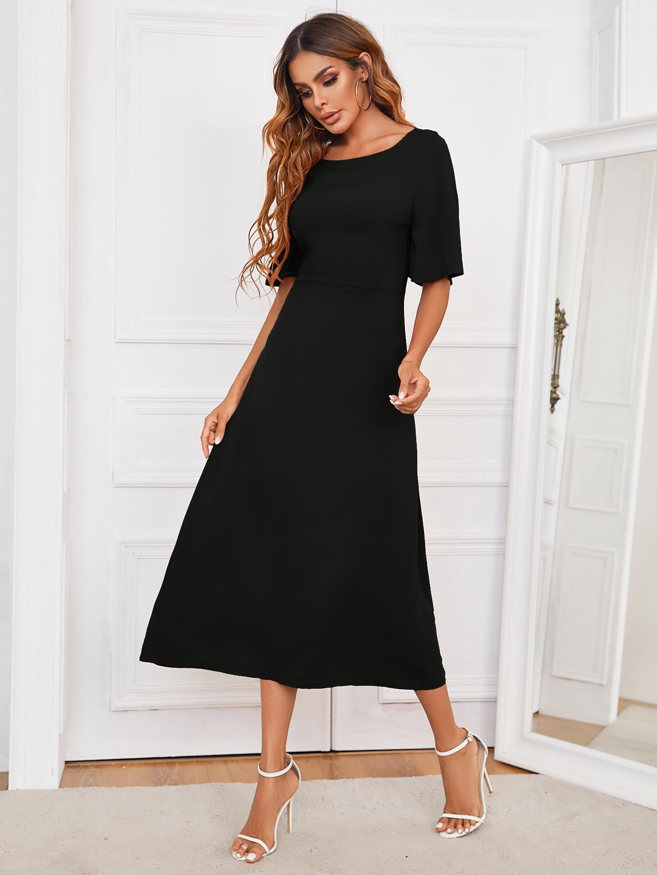 Round Neck Cutout Half Sleeve Dress - Flyclothing LLC