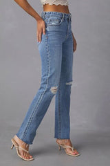 Distressed Raw Hem Straight Jeans with Pockets - Flyclothing LLC