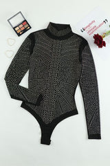 Rhinestone Mock Neck Long Sleeve Bodysuit - Flyclothing LLC