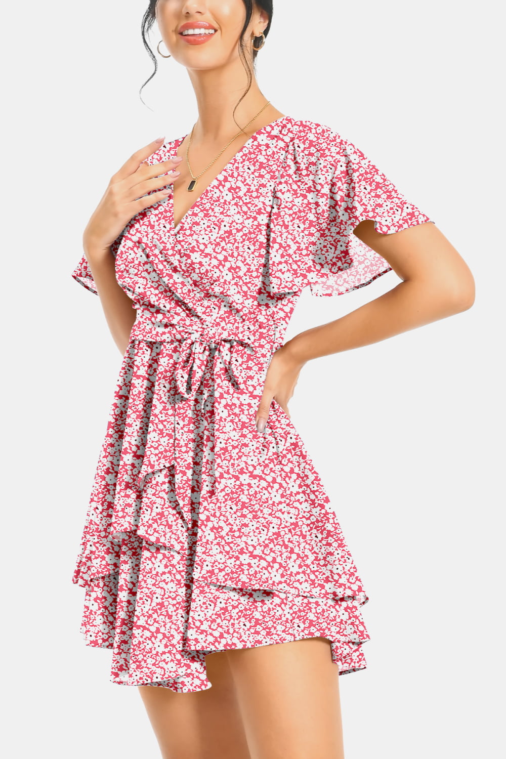 Surplice Neck Flutter Sleeve Dress - Flyclothing LLC