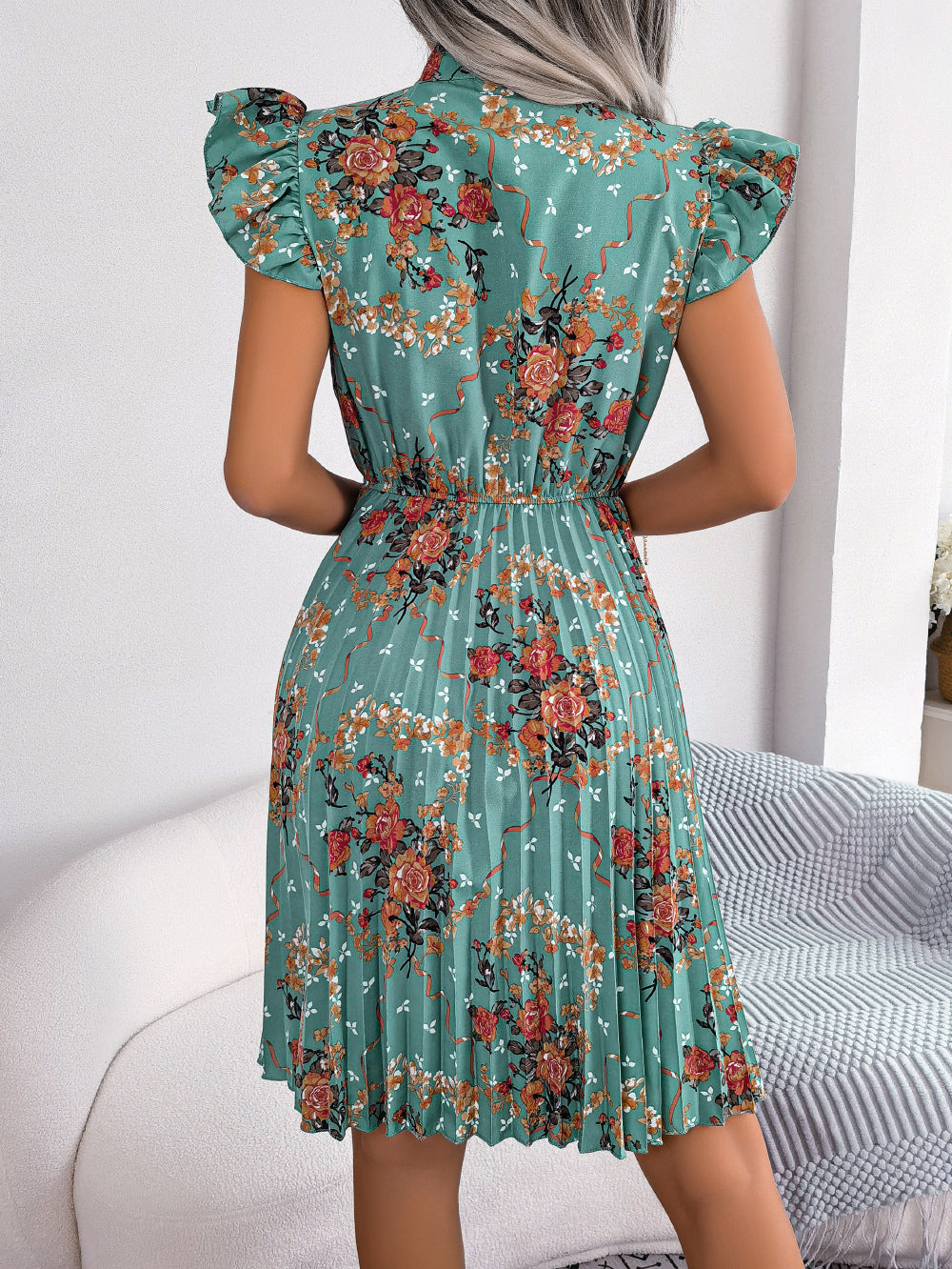 Pleated Floral Printed Tie Neck Knee Length Dress - Flyclothing LLC