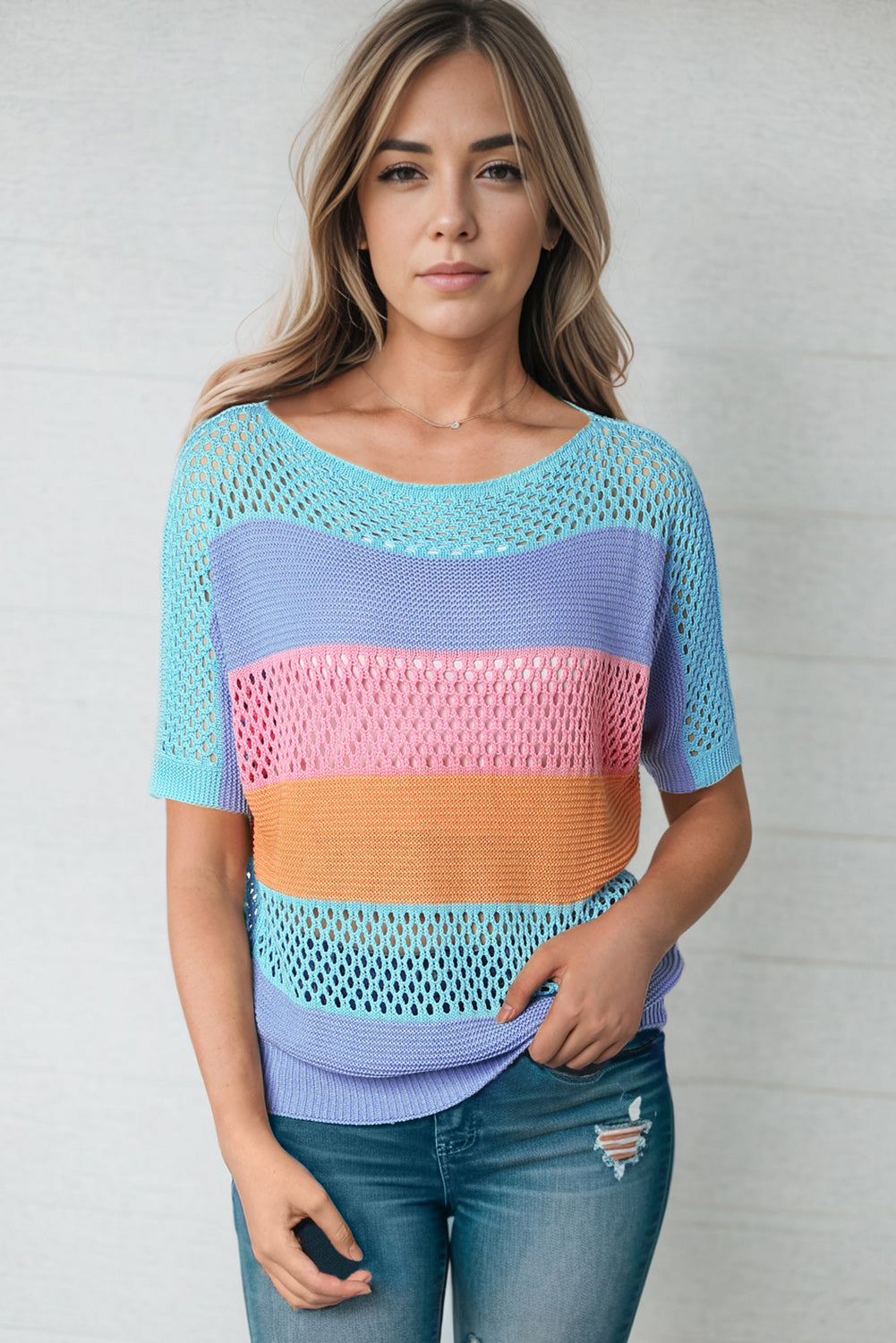 Color Block Openwork Round Neck Pullover Sweater - Flyclothing LLC