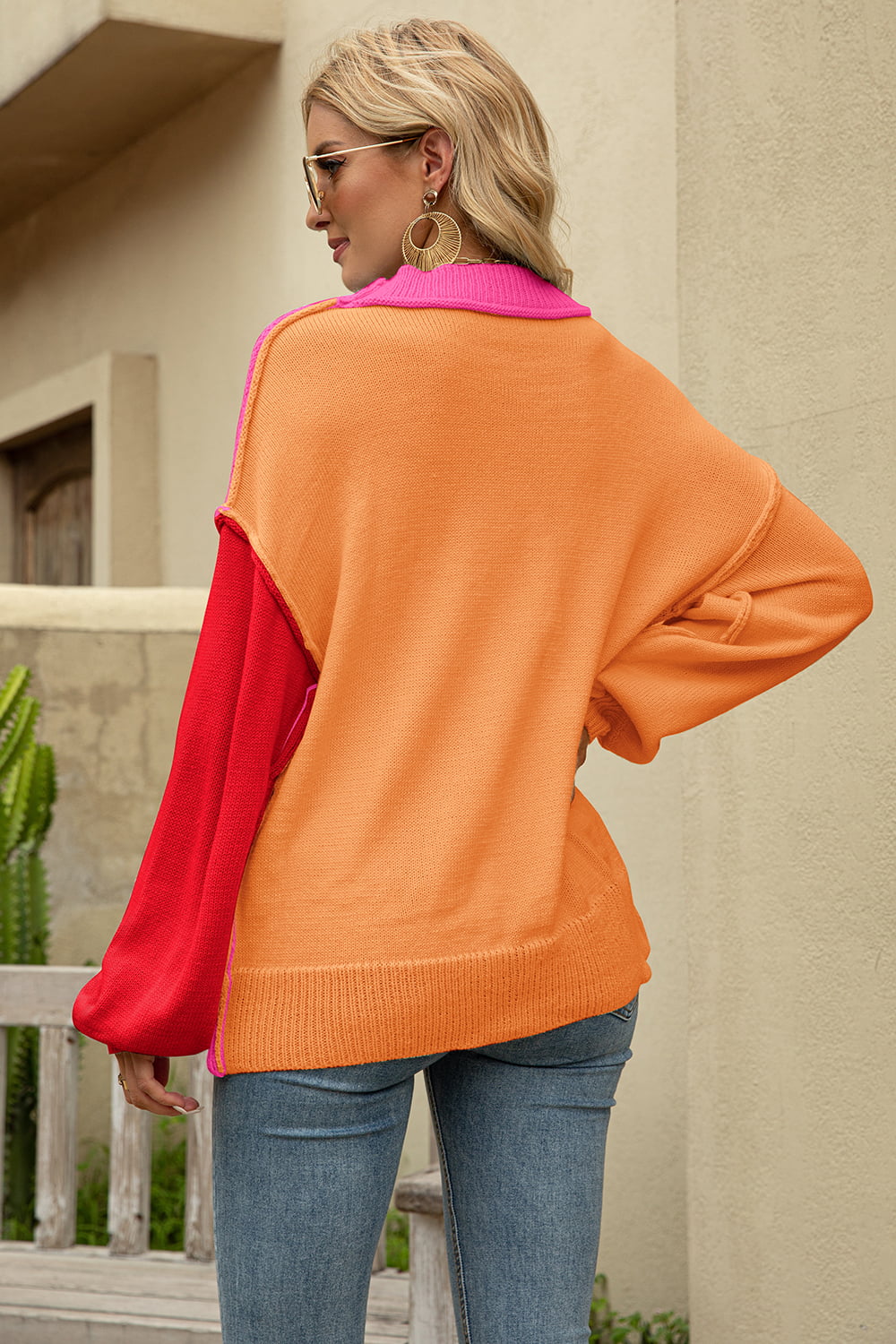 Color Block Round Neck Dropped Shoulder Sweater - Trendsi