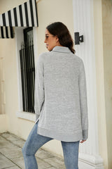 Heathered Slit High-Low Long Sleeve Top - Trendsi