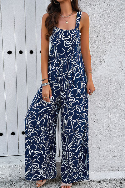 Printed Wide Strap Jumpsuit with Pockets - Flyclothing LLC