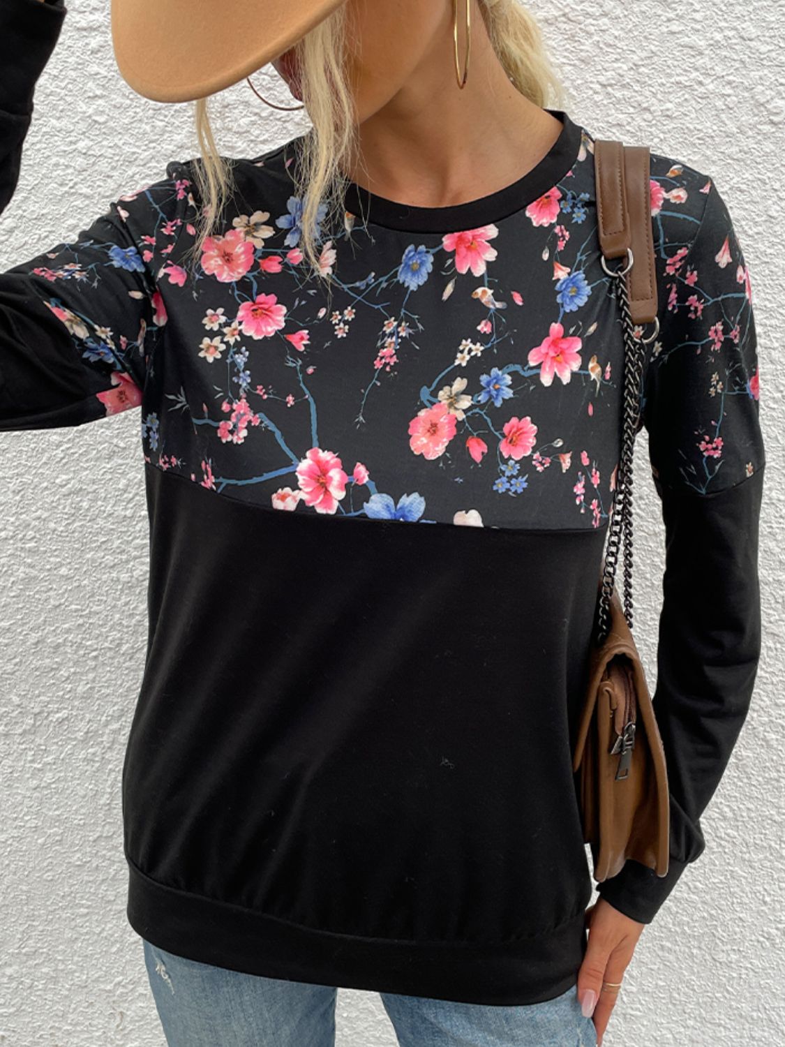 Floral Print Round Neck Dropped Shoulder Tee - Flyclothing LLC