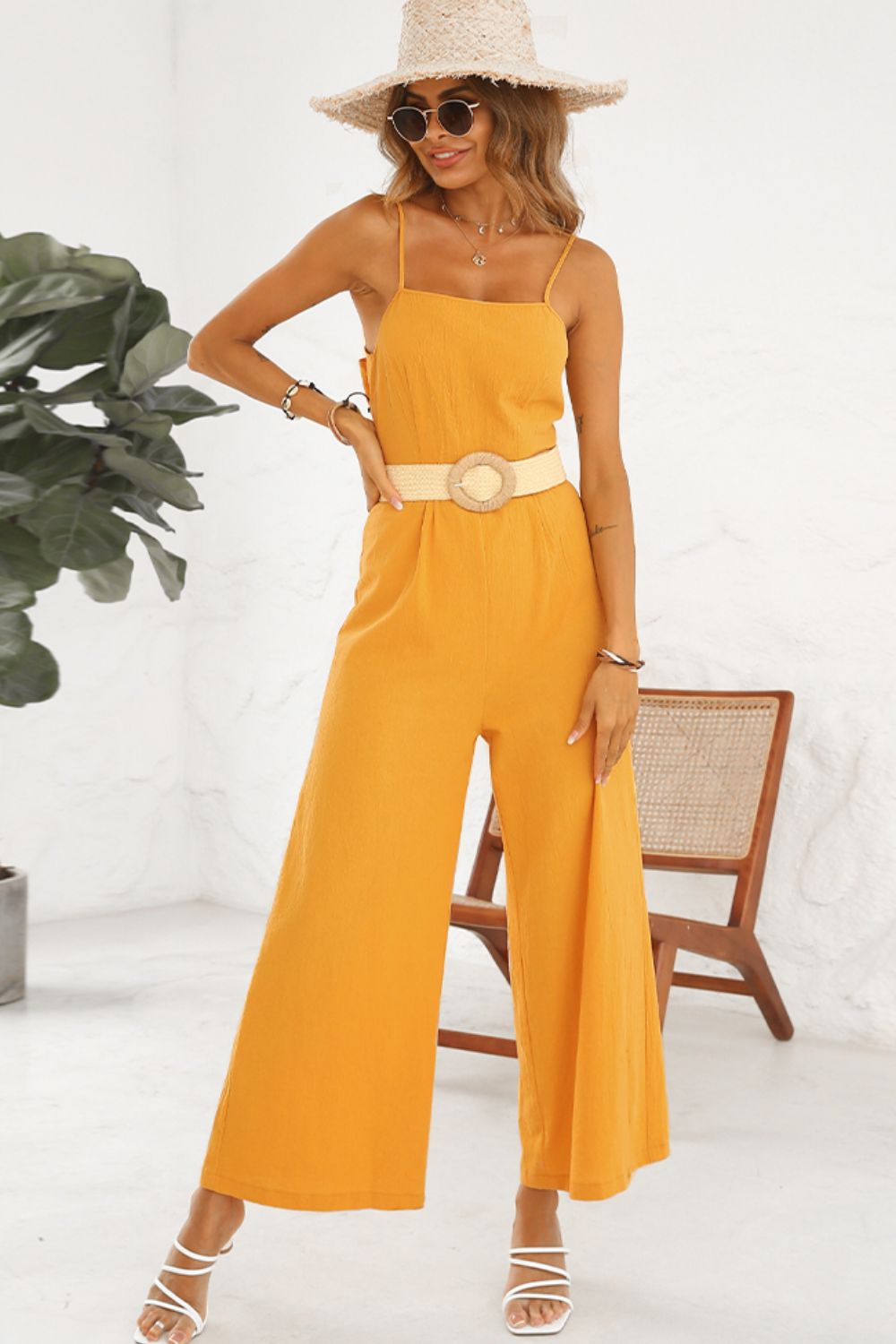 Cutout Spaghetti Strap Tie Back Wide Leg Jumpsuit - Flyclothing LLC