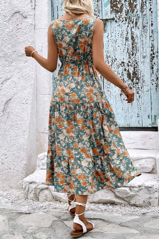 Floral V-Neck Tiered Sleeveless Dress - Flyclothing LLC