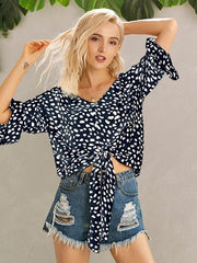 Tied Printed Button Up V-Neck Blouse - Flyclothing LLC