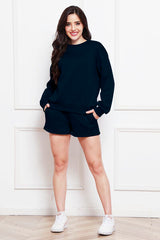 Round Neck Long Sleeve Sweatshirt and Drawstring Shorts Set - Flyclothing LLC