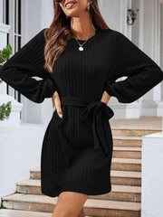 Round Neck Tie Front Long Sleeve Dress - Flyclothing LLC