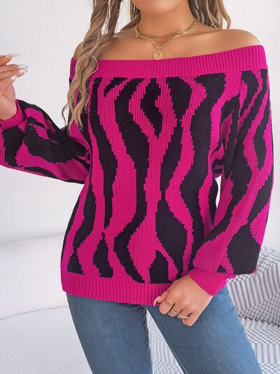 Off-Shoulder Animal Print Long Sleeve Sweater - Flyclothing LLC