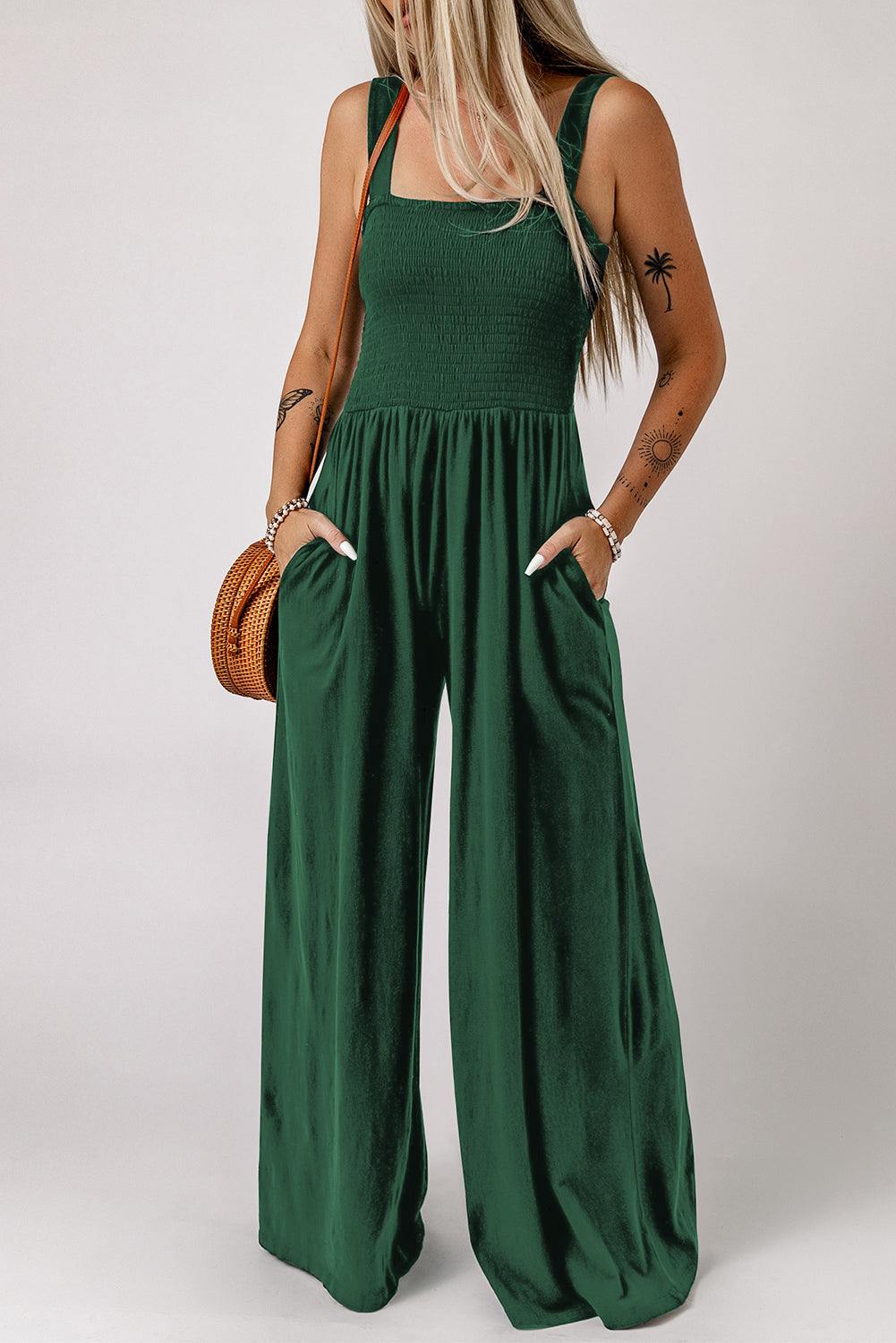 Smocked Square Neck Wide Leg Jumpsuit with Pockets - Flyclothing LLC