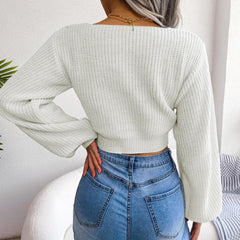 Tie-Front Rib-Knit Cropped Sweater - Flyclothing LLC