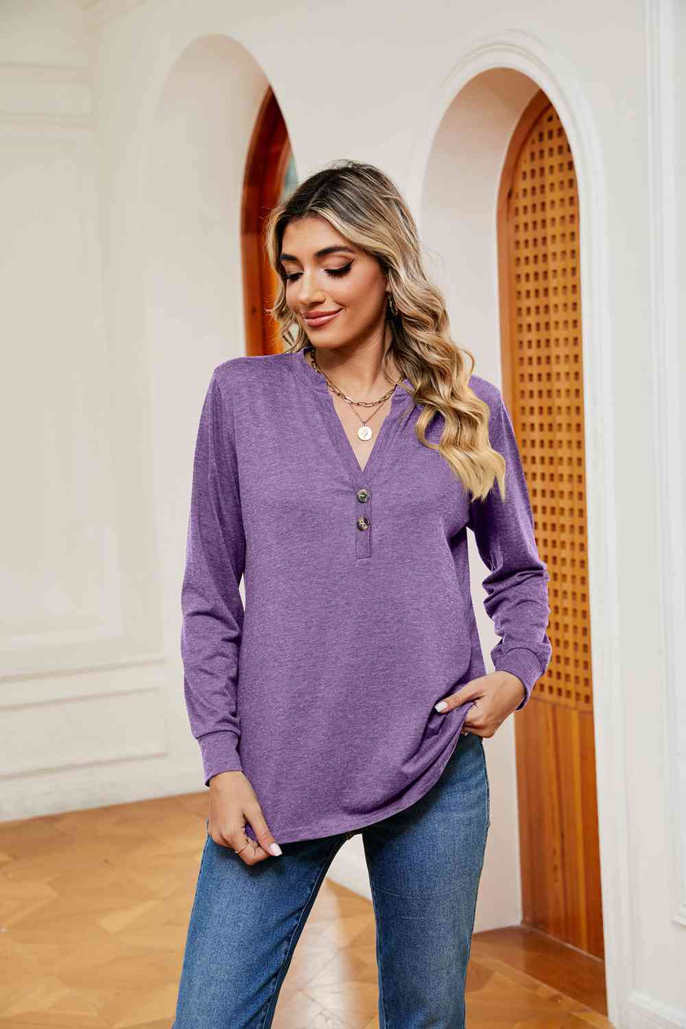 Buttoned Notched Neck Long Sleeve Top - Flyclothing LLC