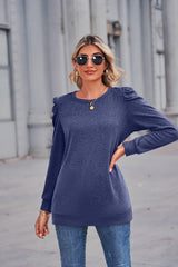 Heathered Puff Sleeve Round Neck Tunic Top - Trendsi