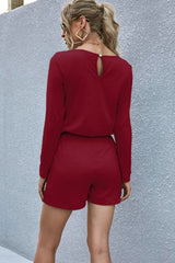 Drawstring Waist Long Sleeve Romper - Flyclothing LLC