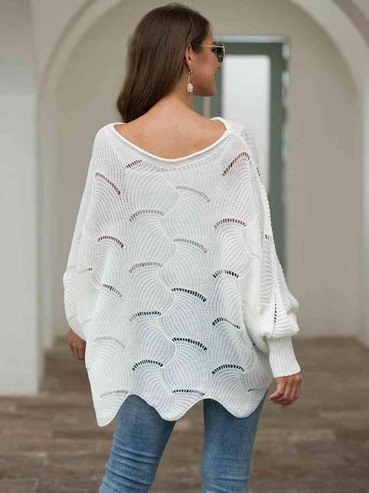 Full Size Boat Neck Lantern Sleeve Openwork Knit Top - Flyclothing LLC