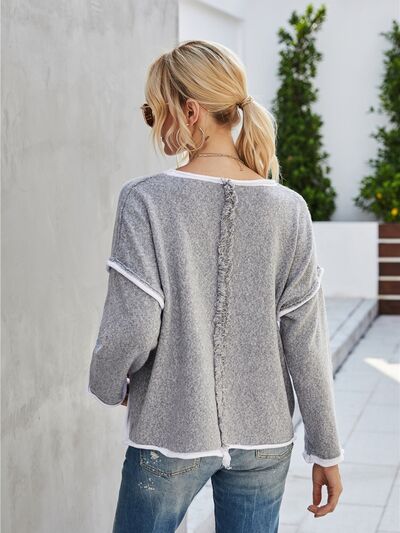 Boat Neck Dropped Shoulder Sweater - Trendsi