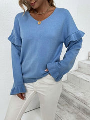 Ruffled V-Neck Dropped Shoulder Sweater - Flyclothing LLC