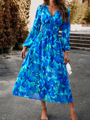 Printed V-Neck Long Sleeve Midi Dress - Flyclothing LLC