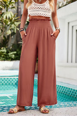 Smocked Wide Leg Pants with Pockets - Flyclothing LLC