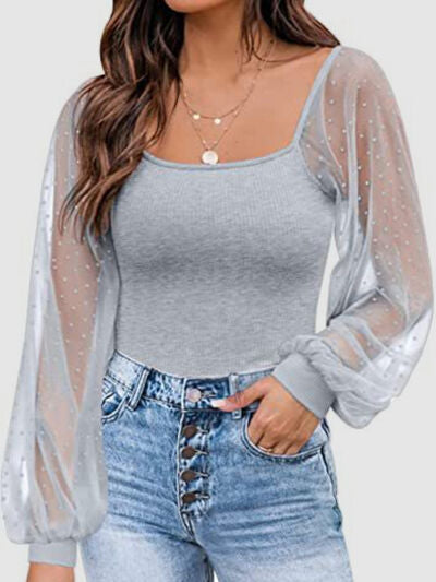 Polka Dot Square Neck Lantern Sleeve Blouse - Flyclothing LLC