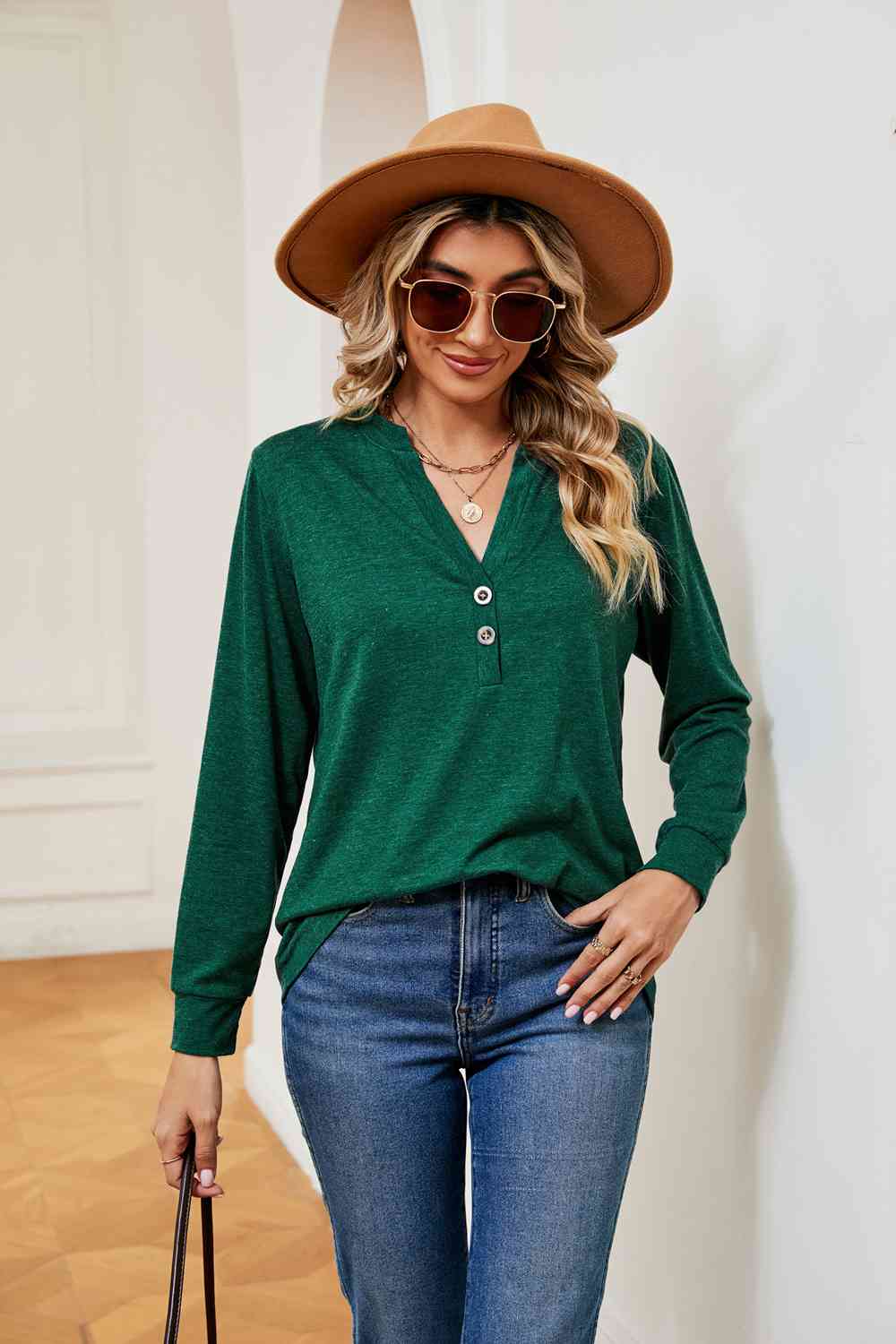 Buttoned Notched Neck Long Sleeve Top - Trendsi