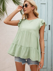 Round Neck Flutter Sleeve Tiered Blouse - Flyclothing LLC