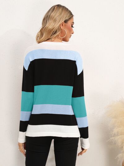 Striped Round Neck Dropped Shoulder Sweater - Flyclothing LLC