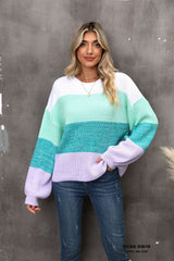 Color Block Round Neck Dropped Shoulder Sweater - Trendsi