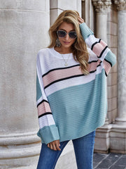 Striped Horizontal Ribbing Long Sleeve Tunic Sweater - Flyclothing LLC