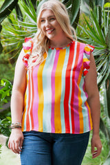 Plus Size Striped Round Neck Ruffled Tank - Flyclothing LLC