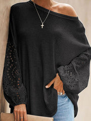 Openwork Dropped Shoulder Boat Neck Blouse - Flyclothing LLC