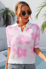 Floral Johnny Collar Half Sleeve Knit Top - Flyclothing LLC