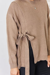 Slit Tied Dropped Shoulder Sweater - Flyclothing LLC