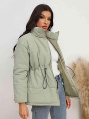 Drawstring Waist Zip-Up Puffer Jacket - Flyclothing LLC