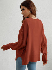 Exposed Seam Dropped Shoulder Slit Sweater - Trendsi