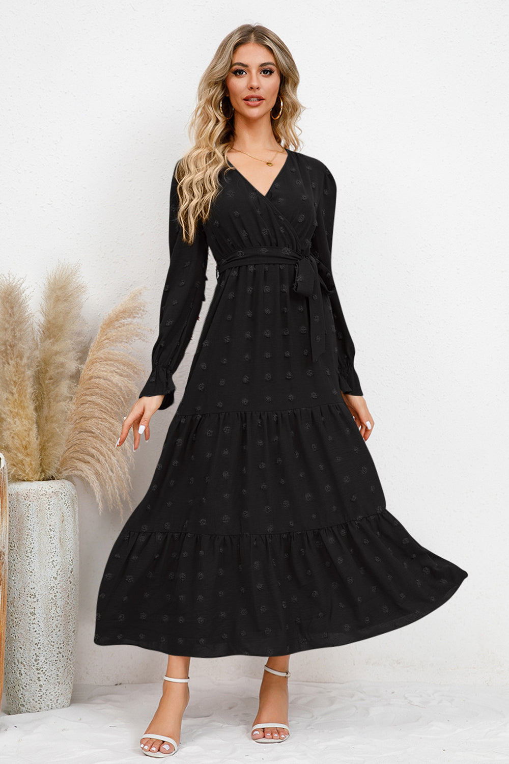 Swiss Dot Tied Surplice Flounce Sleeve Dress - Flyclothing LLC