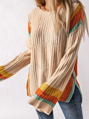 Striped Round Neck Long Sleeve Sweater - Flyclothing LLC