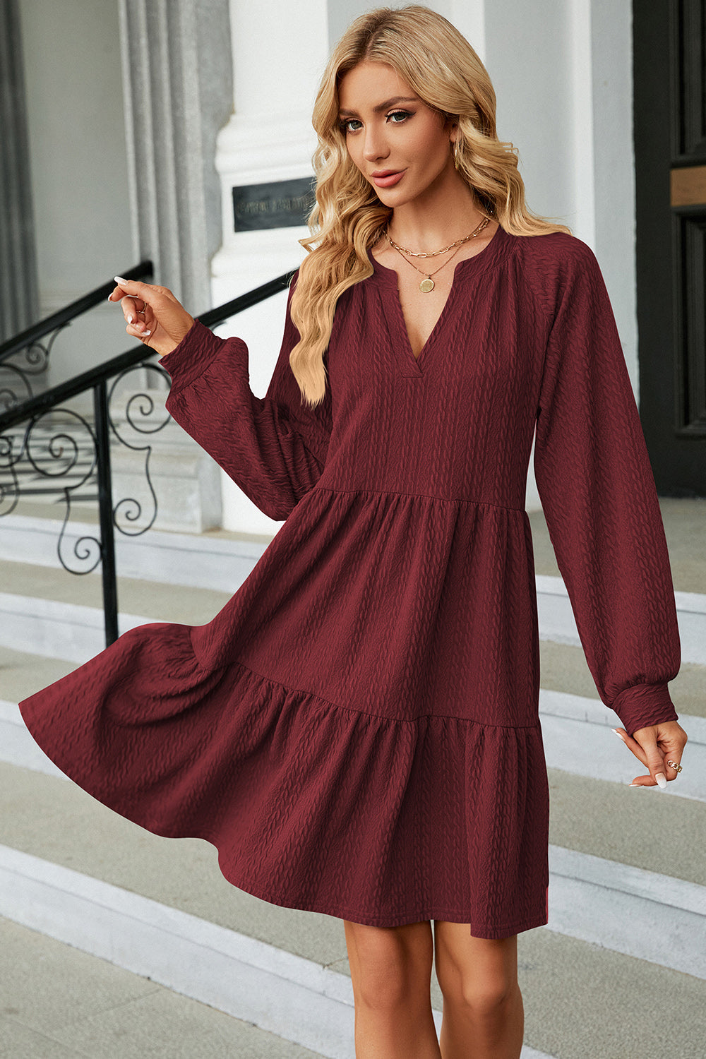 Ruched Notched Long Sleeve Mini Dress - Flyclothing LLC